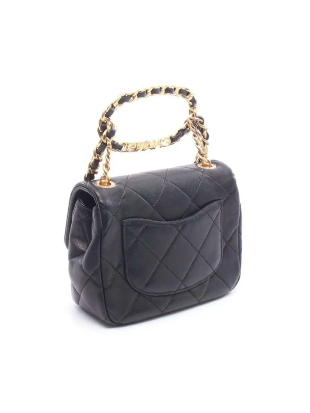 Chanel Shoulder Bag Mini Quilted Top Handle Black Lambskin Chain